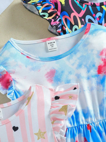 4pcs/Set Young Girl' Casual Cute Star & Heart Tie-Dye Printed Cap Sleeve Waisted Dress Set, Summer