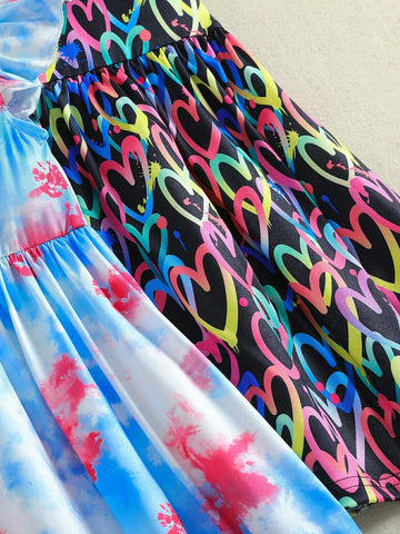 4pcs/Set Young Girl' Casual Cute Star & Heart Tie-Dye Printed Cap Sleeve Waisted Dress Set, Summer