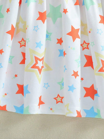 4pcs/Set Young Girl' Casual Cute Star & Heart Tie-Dye Printed Cap Sleeve Waisted Dress Set, Summer