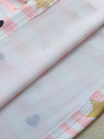 4pcs/Set Young Girl' Casual Cute Star & Heart Tie-Dye Printed Cap Sleeve Waisted Dress Set, Summer