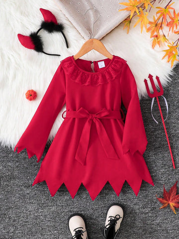 4pcs Girls Halloween Costume Set: Lace Trim Dress, Devil Headband, Trident, Belt