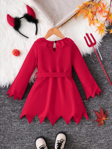 4pcs Girls Halloween Costume Set: Lace Trim Dress, Devil Headband, Trident, Belt