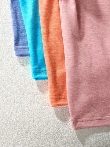 4pcs Girls' Solid Color Round Neck Short Sleeve Casual T-Shirts, Summer