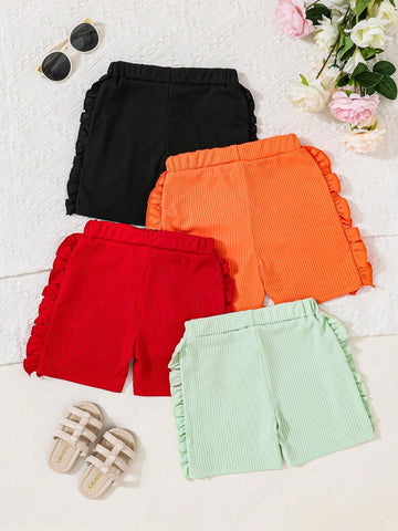 4pcs Young Girl Solid Color Casual Ruffle Hem Shorts For Summer