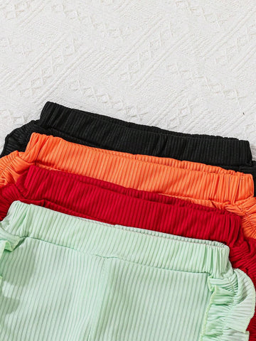 4pcs Young Girl Solid Color Casual Ruffle Hem Shorts For Summer