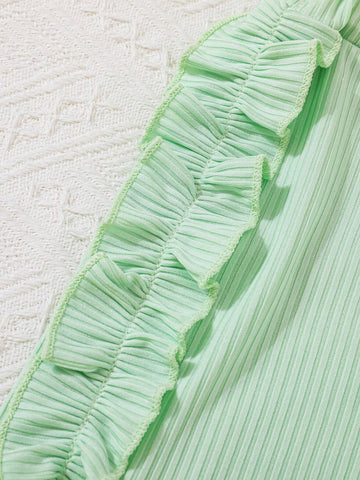 4pcs Young Girl Solid Color Casual Ruffle Hem Shorts For Summer