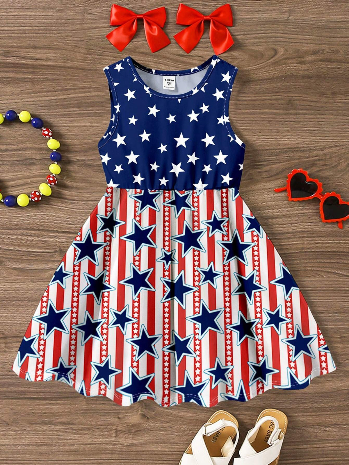 4th Of July Kids, Young Girls' Casual Simple Sleeveless Midi Dress, Suitable For Summer