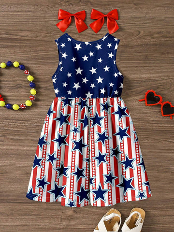 4th Of July Kids, Young Girls' Casual Simple Sleeveless Midi Dress, Suitable For Summer