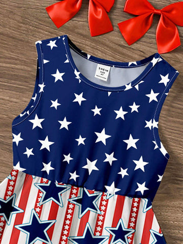 4th Of July Kids, Young Girls' Casual Simple Sleeveless Midi Dress, Suitable For Summer