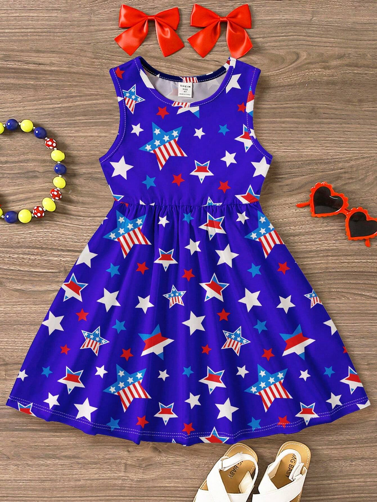 4th Of July, Young Girls' Casual Simple Sleeveless Midi Dress With Star Print, Suitable For Summer