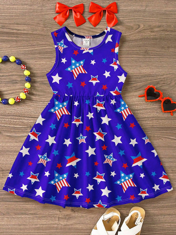 4th Of July, Young Girls' Casual Simple Sleeveless Midi Dress With Star Print, Suitable For Summer