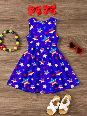4th Of July, Young Girls' Casual Simple Sleeveless Midi Dress With Star Print, Suitable For Summer