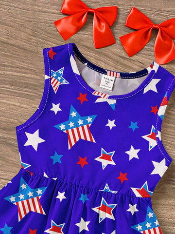 4th Of July, Young Girls' Casual Simple Sleeveless Midi Dress With Star Print, Suitable For Summer