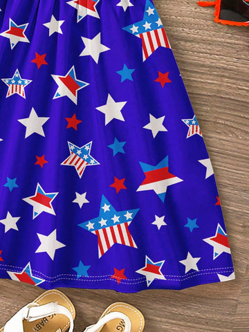 4th Of July, Young Girls' Casual Simple Sleeveless Midi Dress With Star Print, Suitable For Summer