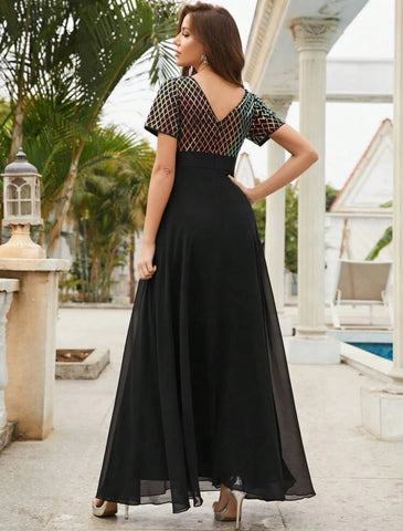 LUNE Contrast Sequin Mesh Panel Chiffon Party Dress