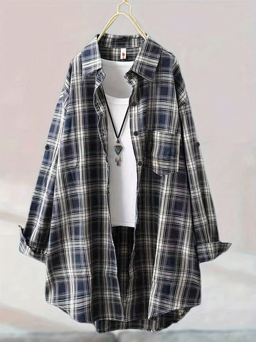 Mid-Length Retro Plaid Shirt Casual Jacket Outerwear