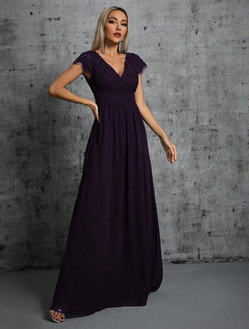Contrast Lace Wrap Hem Chiffon Bridesmaid Dress