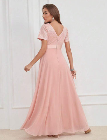 LUNE Contrast Sequin Mesh Panel Chiffon Party Dress