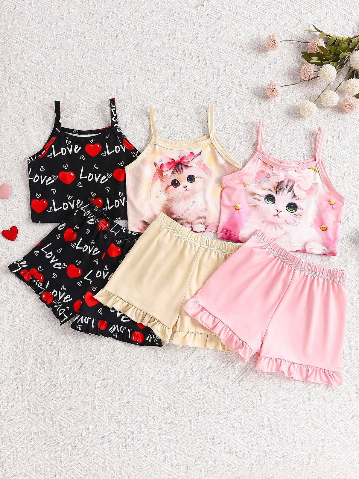 6pcs/Set Summer Children's Spaghetti Strap Ruffled Shorts Set, Girls' 3D Cute Cat & Heart Print Three-Piece Outfit