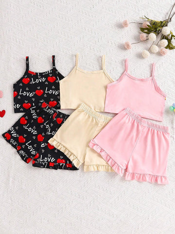 6pcs/Set Summer Children's Spaghetti Strap Ruffled Shorts Set, Girls' 3D Cute Cat & Heart Print Three-Piece Outfit