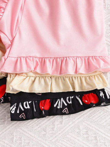 6pcs/Set Summer Children's Spaghetti Strap Ruffled Shorts Set, Girls' 3D Cute Cat & Heart Print Three-Piece Outfit