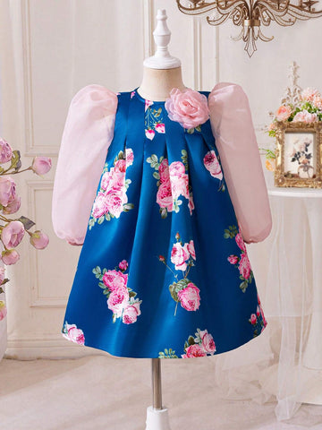 7/8 Sleeve Floral Print & Organza Patchwork A-Line Dress For Big Girls
