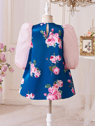 7/8 Sleeve Floral Print & Organza Patchwork A-Line Dress For Big Girls