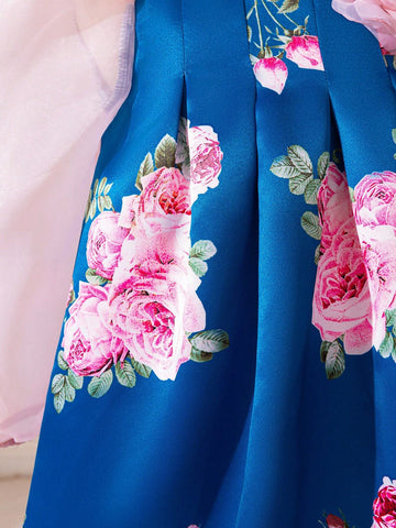 7/8 Sleeve Floral Print & Organza Patchwork A-Line Dress For Big Girls