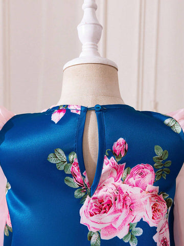 7/8 Sleeve Floral Print & Organza Patchwork A-Line Dress For Big Girls