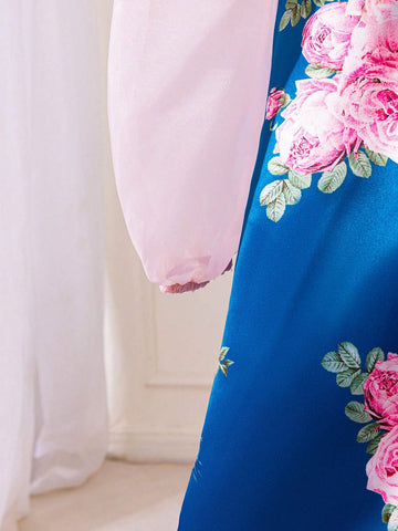 7/8 Sleeve Floral Print & Organza Patchwork A-Line Dress For Big Girls