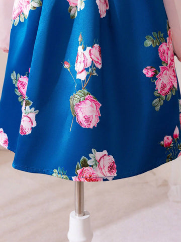 7/8 Sleeve Floral Print & Organza Patchwork A-Line Dress For Big Girls