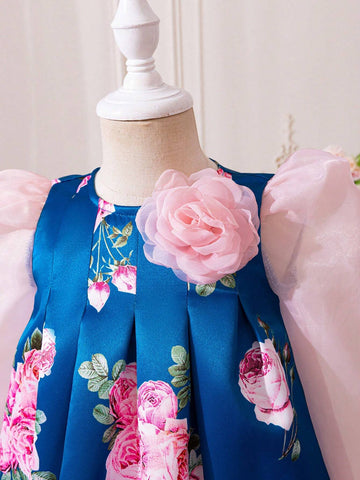 7/8 Sleeve Floral Print & Organza Patchwork A-Line Dress For Big Girls