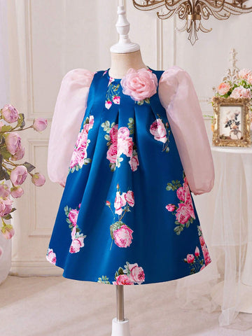 7/8 Sleeve Floral Print & Organza Patchwork A-Line Dress For Big Girls