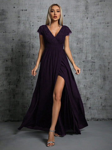 Contrast Lace Wrap Hem Chiffon Bridesmaid Dress