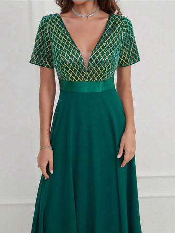 LUNE Contrast Sequin Mesh Panel Chiffon Party Dress