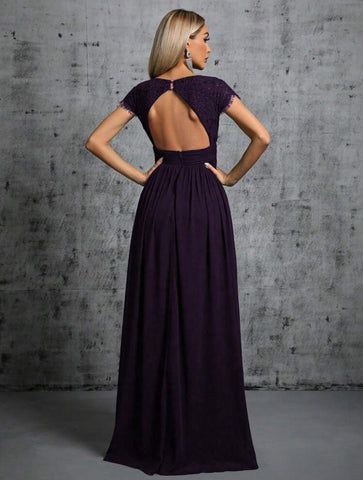 Contrast Lace Wrap Hem Chiffon Bridesmaid Dress