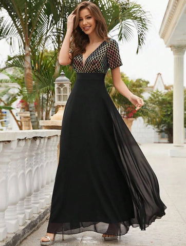 LUNE Contrast Sequin Mesh Panel Chiffon Party Dress