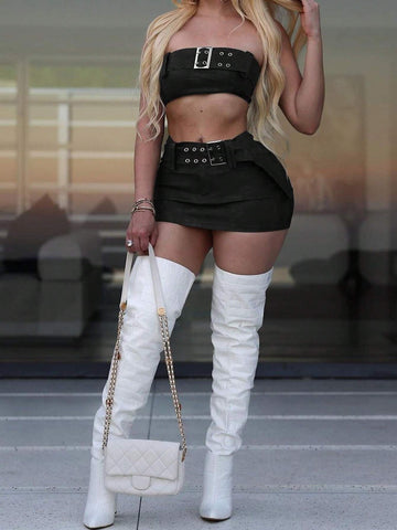 90s Y2K Street Hottie 2Pcs Shirred Back Backless Crop Tube Wrap Top & Eyelet Metal Buckle Belted Bodycon Mini Cargo Skirt Music Festival Outfit