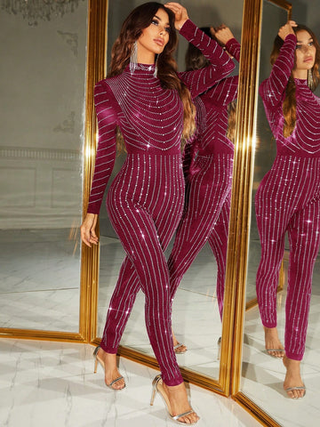 Mock Neck Rhinestone Unitard Jumpsuit