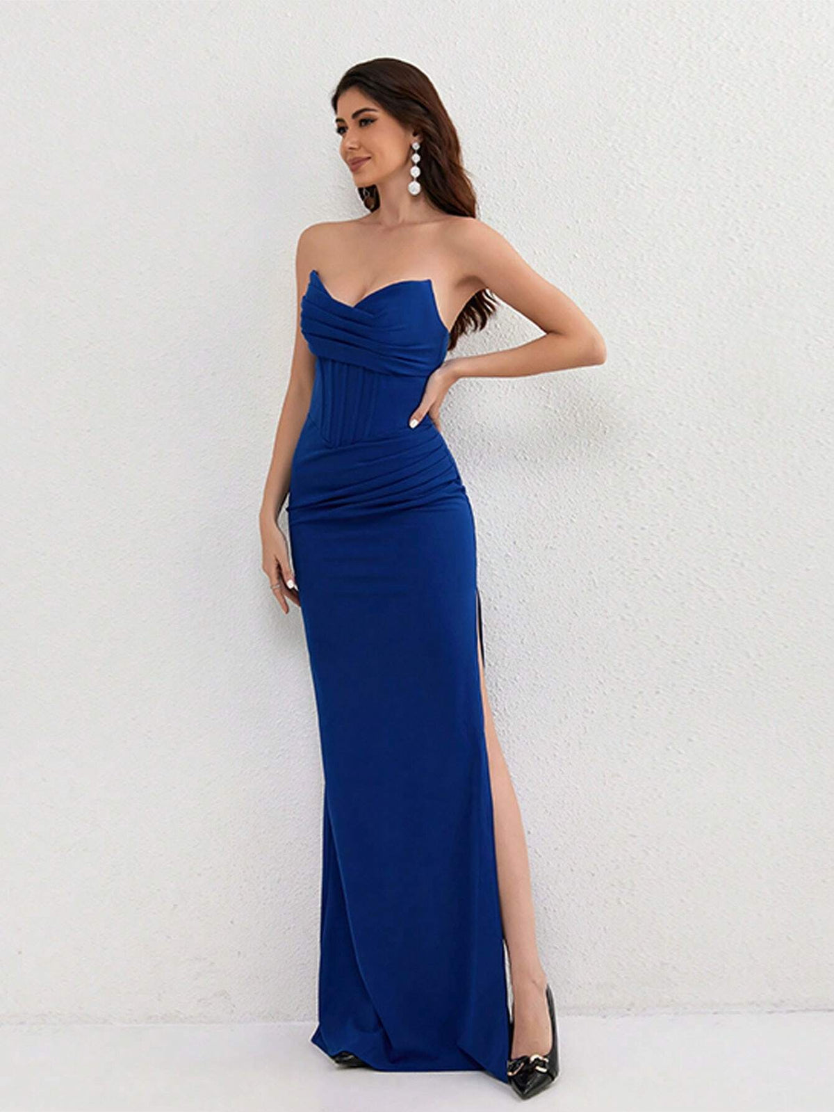 A-Line Bridemaid Dress, Minimalist Fish Bone Pleated Tight Bustier High Slit Long Formal Dress For Wedding, Party