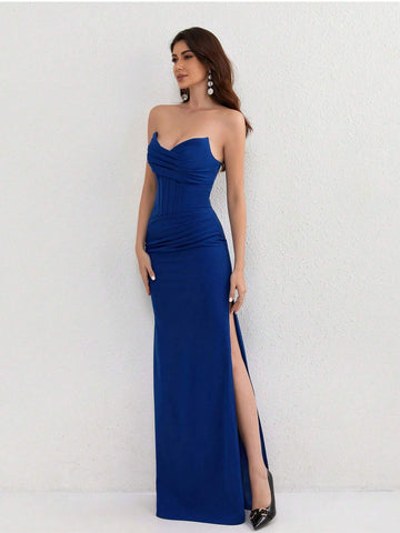 A-Line Bridemaid Dress, Minimalist Fish Bone Pleated Tight Bustier High Slit Long Formal Dress For Wedding, Party