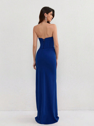 A-Line Bridemaid Dress, Minimalist Fish Bone Pleated Tight Bustier High Slit Long Formal Dress For Wedding, Party