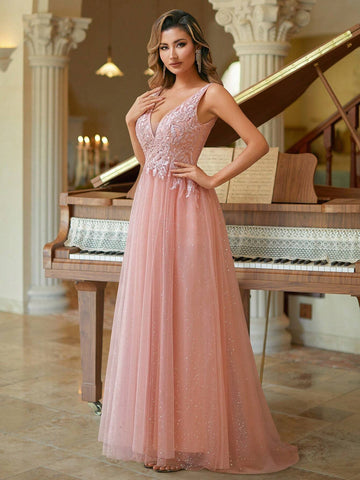 A-Line Contrast Lace Mesh Cami Prom & Evening Dress