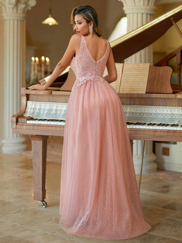 A-Line Contrast Lace Mesh Cami Prom & Evening Dress