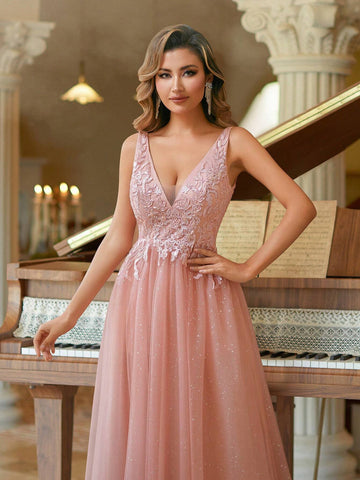 A-Line Contrast Lace Mesh Cami Prom & Evening Dress