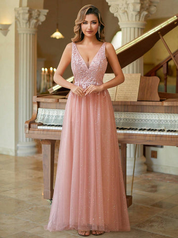 A-Line Contrast Lace Mesh Cami Prom & Evening Dress