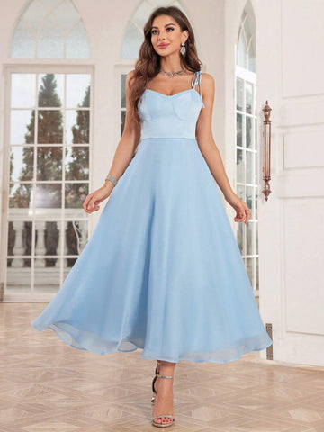 A-Line European Lace Spaghetti Strap Bridesmaid Dress With Ribbon Ties