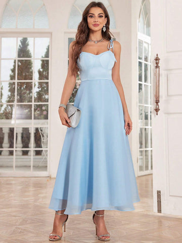 A-Line European Lace Spaghetti Strap Bridesmaid Dress With Ribbon Ties