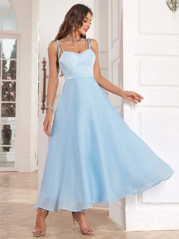 A-Line European Lace Spaghetti Strap Bridesmaid Dress With Ribbon Ties