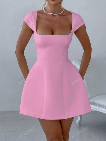 A-Line Mini Dress With Square Collar And Short Sleeves, Autumn